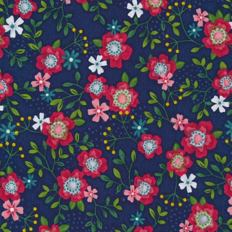 Navy blue fabric with bright red flowers and green vines all over