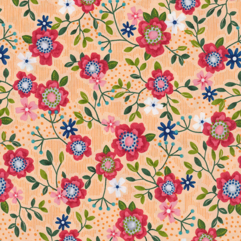 Light peach fabric with bright red flowers and green vines all over