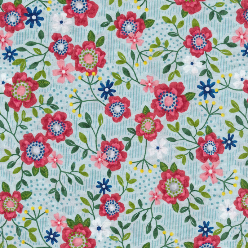 Light blue fabric with bright red flowers and green vines all over