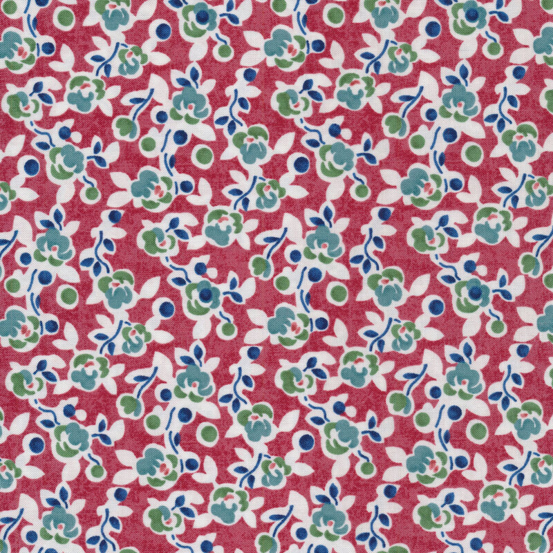 Red fabric with tossed medium blue flowers all over