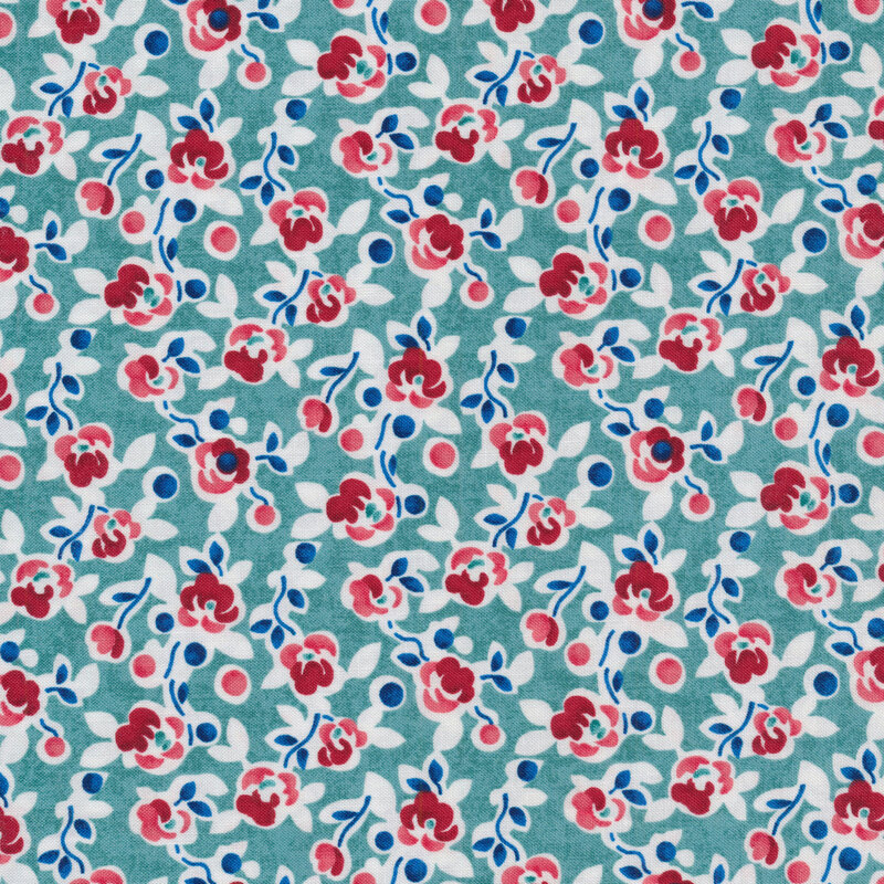 Blue fabric with tossed red flowers all over