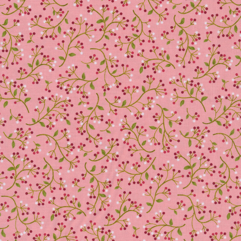 Pink fabric with tossed green vines and red berries all over