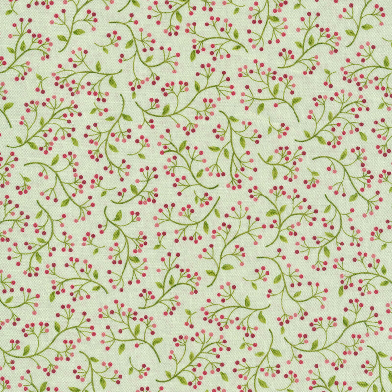 Light green fabric with tossed green vines and red berries all over