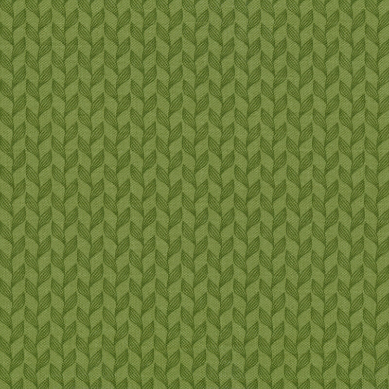 Tonal green fabric with columns of touching leaves and vines