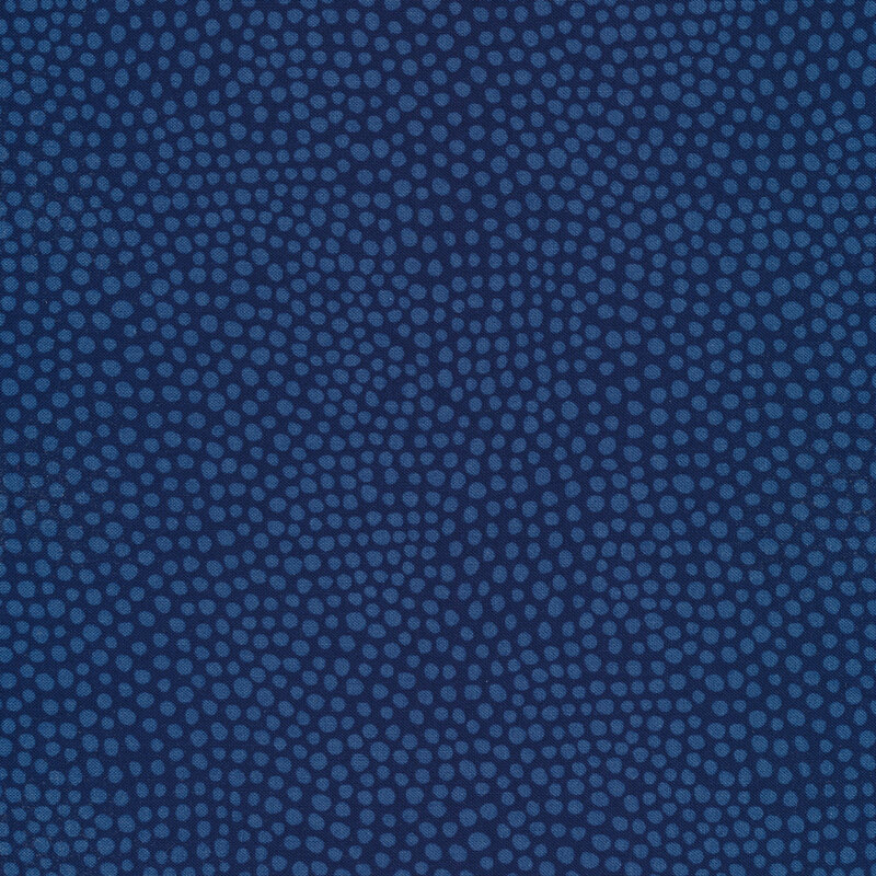 Tonal blue fabric with blue polka dots all over a navy blue background
