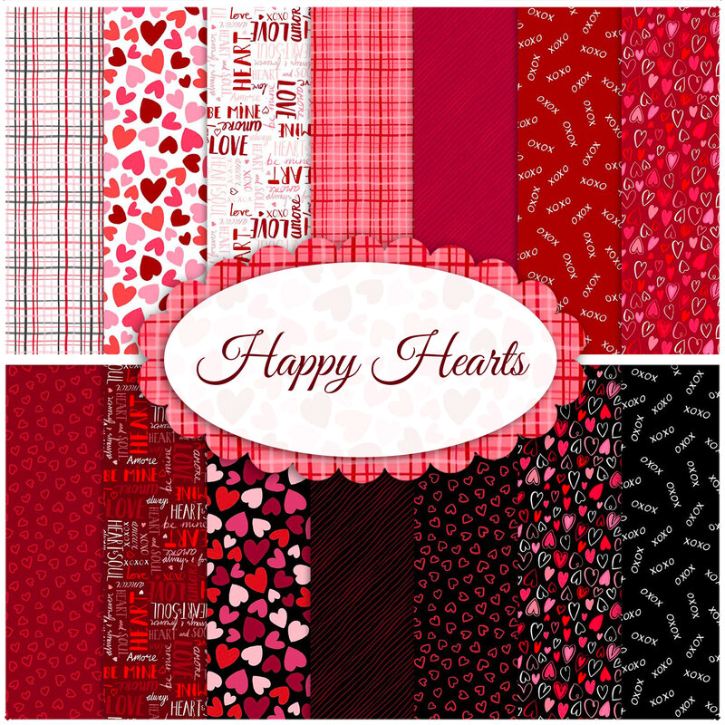 A collage of fabrics from the Happy Hearts collection