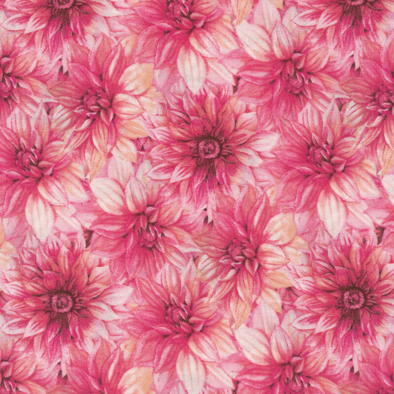 fabric featuring detailed, packed pink flowers