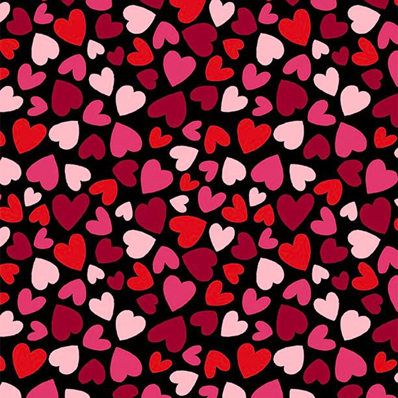 Red and pink hearts all over black.