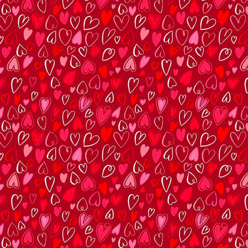 Red white and pink hearts all over red.