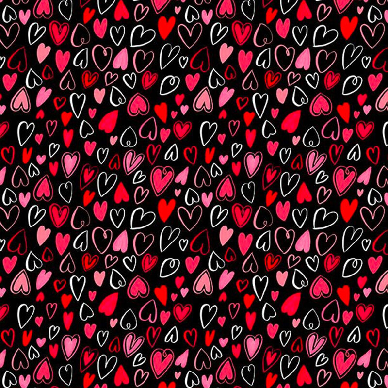 Red white and pink hearts all over black.