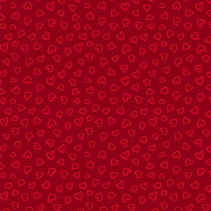 Tonal fabric of red heart outlines all over red.