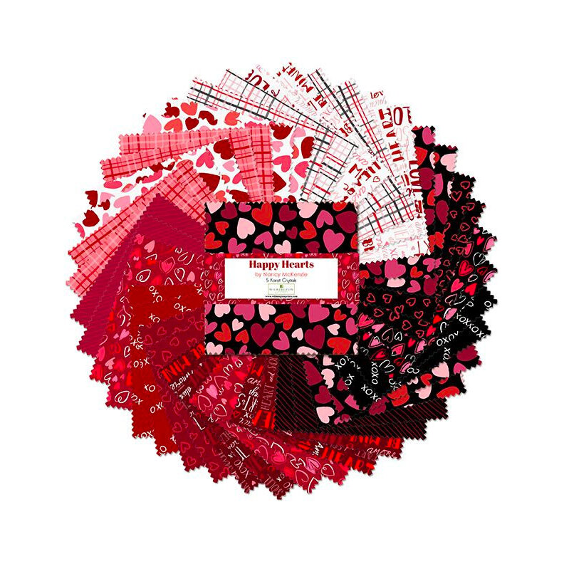 A stack of square fabrics from the Happy Hearts collection