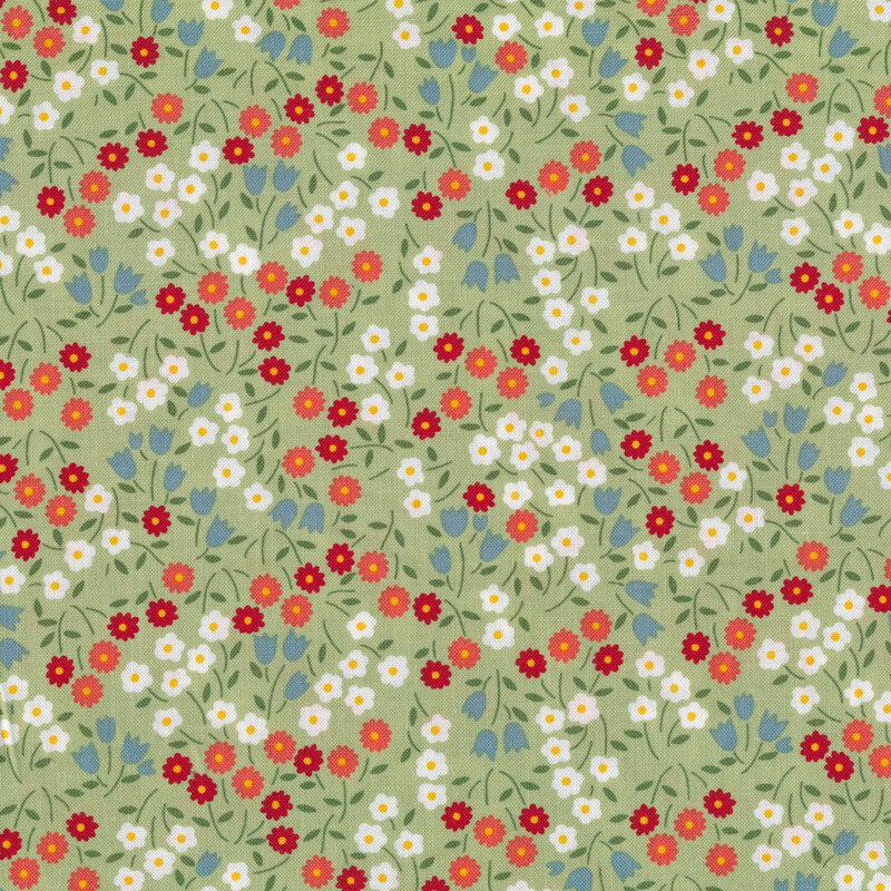 light green fabric with multicolored flowers scattered all over