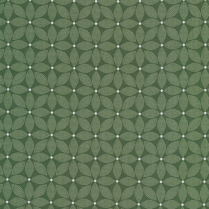 olive green fabric with a geometric floral pattern all over 