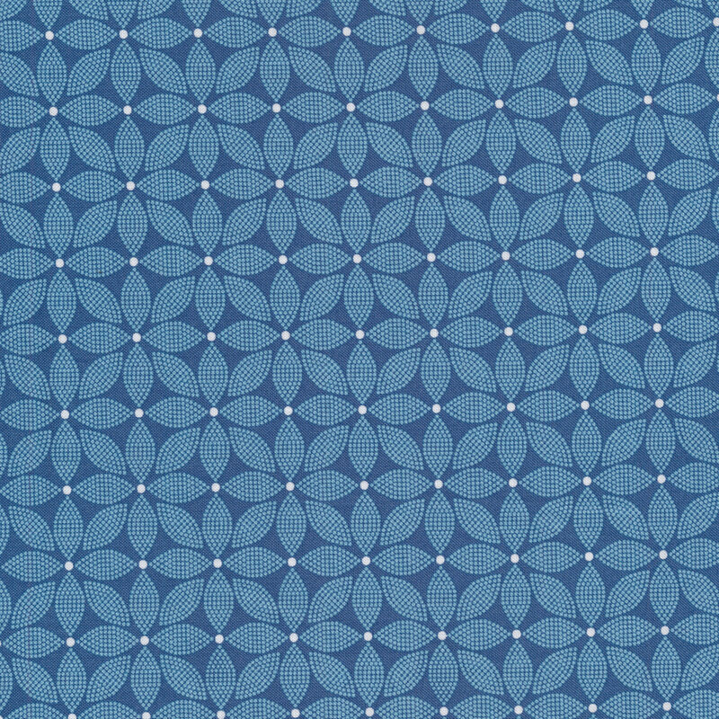dark blue fabric with a tonal geometric floral pattern all over 