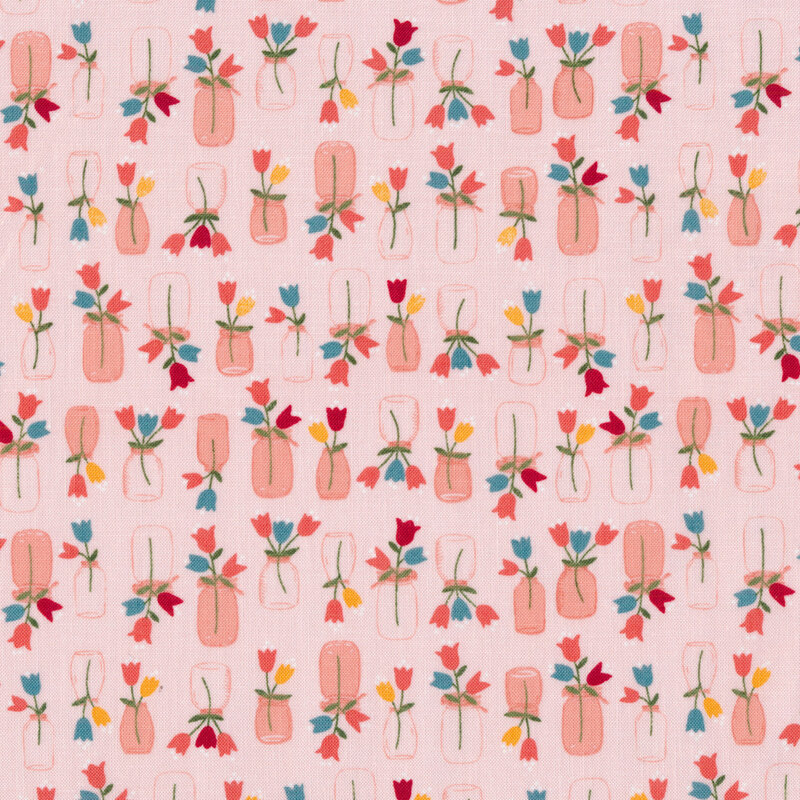 light pink fabric featuring jars or flowers scattered all over 