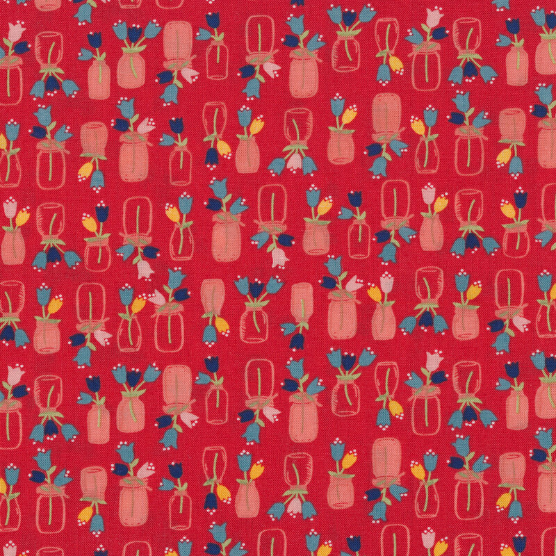 red fabric featuring jars or flowers scattered all over 
