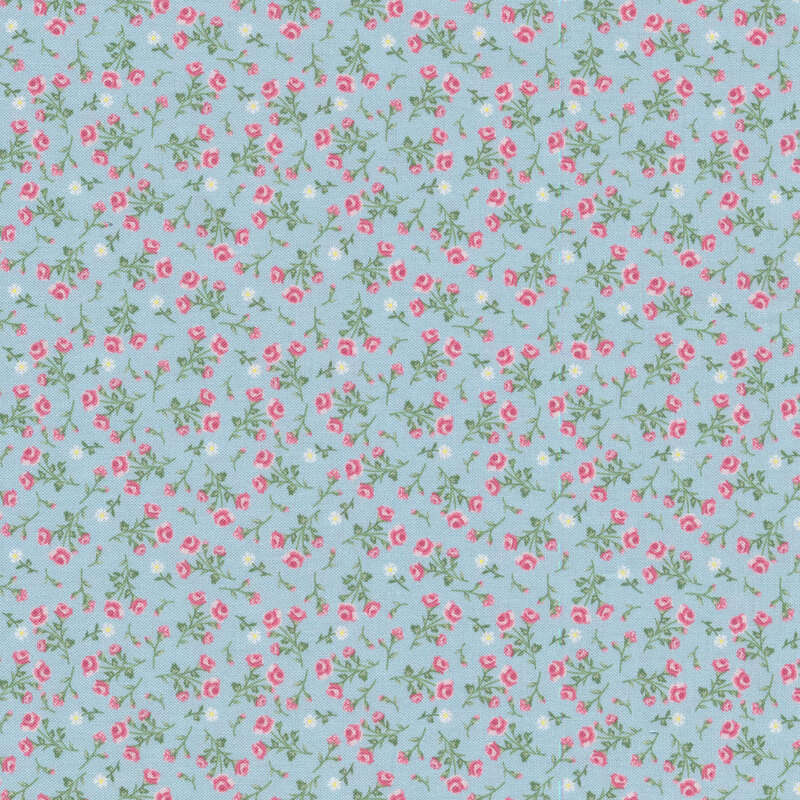 blue fabric with pink and white flowers scattered all over