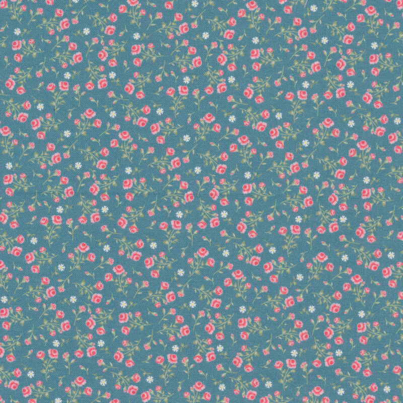 teal fabric with pink and white flowers scattered all over