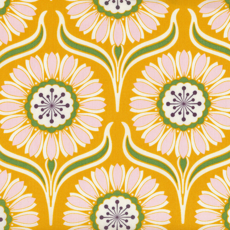 bright yellow fabric with retro/art noveau stylized daisy flowers and leaves