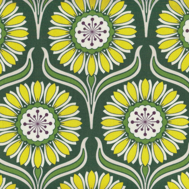 dark green fabric with pale green retro/art noveau stylized daisy flowers and leaves