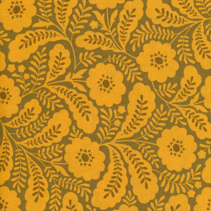 mustard colored flowers and leaves in a retro style over a bronze background