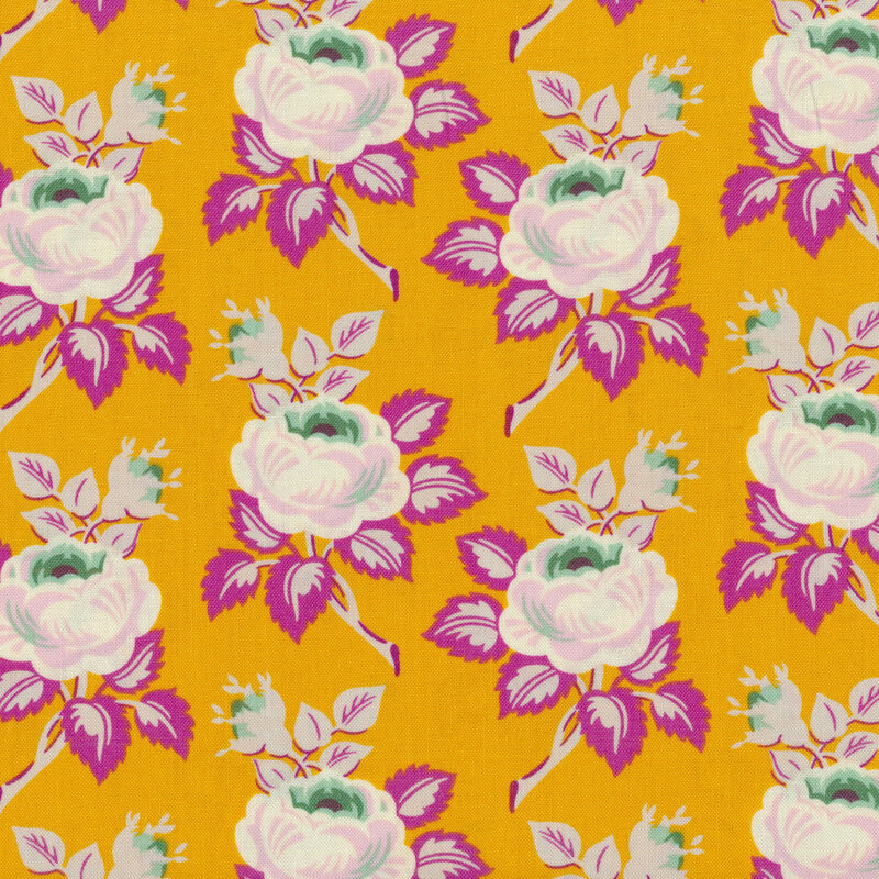 Mustard colored fabric featuring mint and white colored roses with hot pink leaves