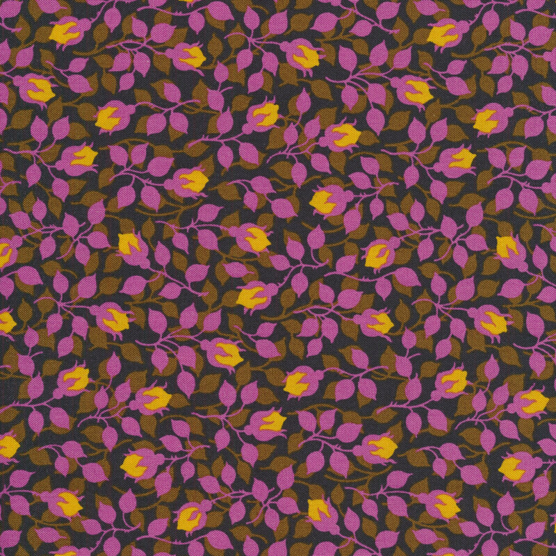 Dark purple fabric with magenta and brown leaves and orange rosebuds all over