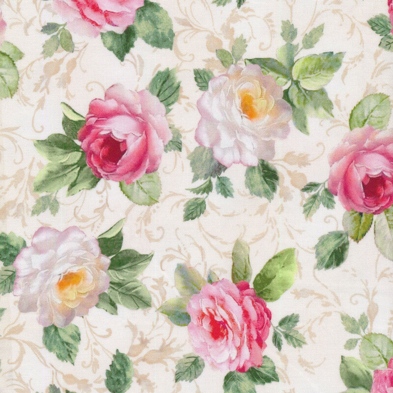 pink and white roses with leaves on a cream fabric background