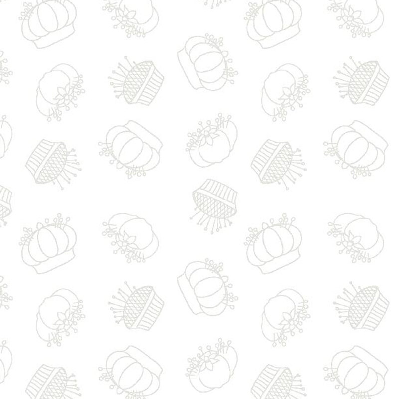 A light grey pattern of tossed pincushions on a white fabric background. Image is at a higher contrast than fabric to show design