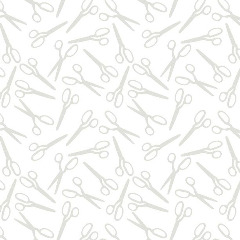 A light grey pattern of tossed scissors on a white fabric background