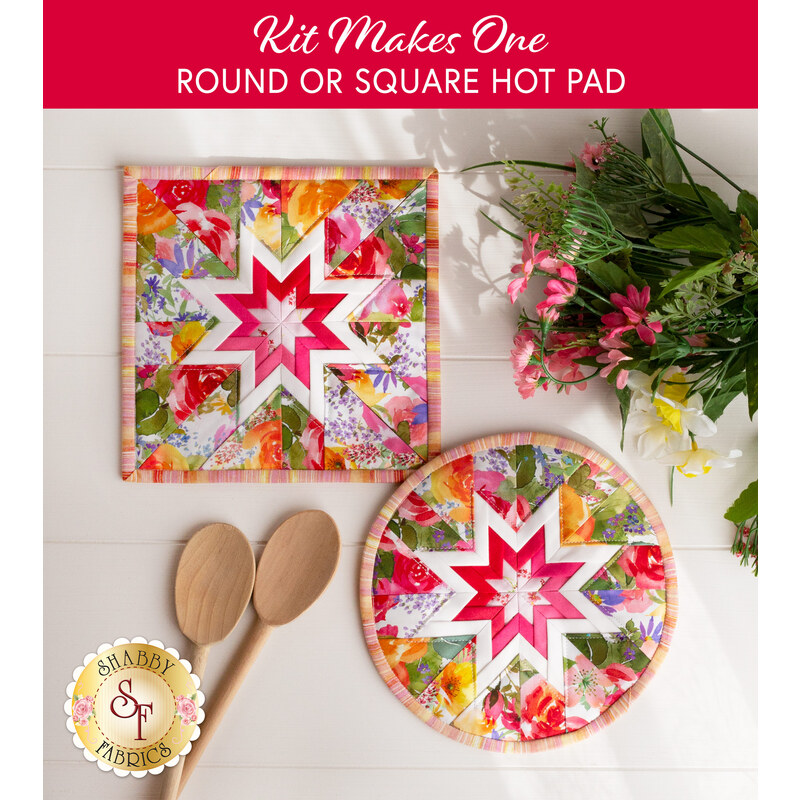 An image of two folded star hot pads, one round and one square, using the Flower Shop fabric collection.