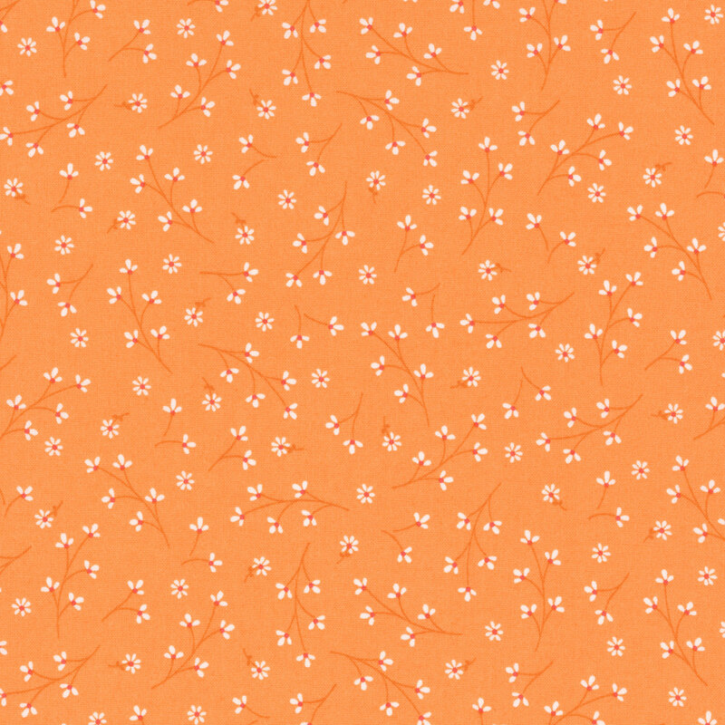 bright orange fabric features a ditsy pattern of long stemmed white flowers