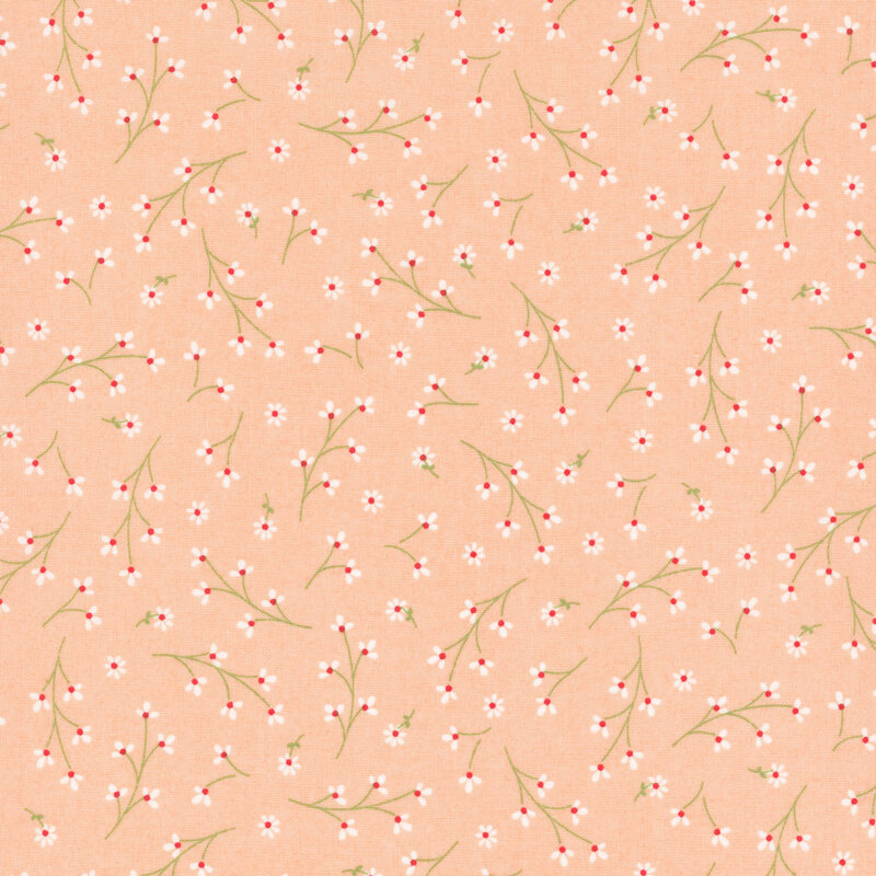 light peach fabric featuring a ditsy pattern of long stemmed white flowers