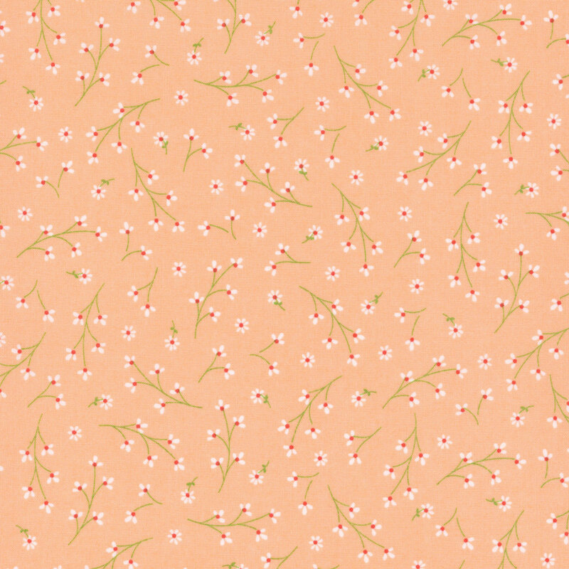 light peach fabric featuring a ditsy pattern of long stemmed white flowers