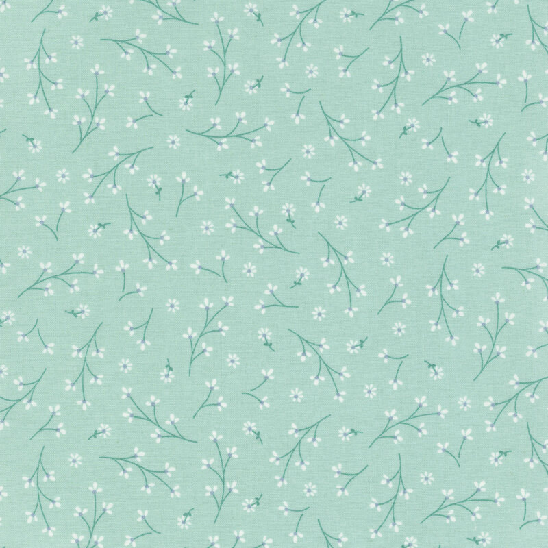 aqua fabric featuring a ditsy pattern of long stemmed white flowers