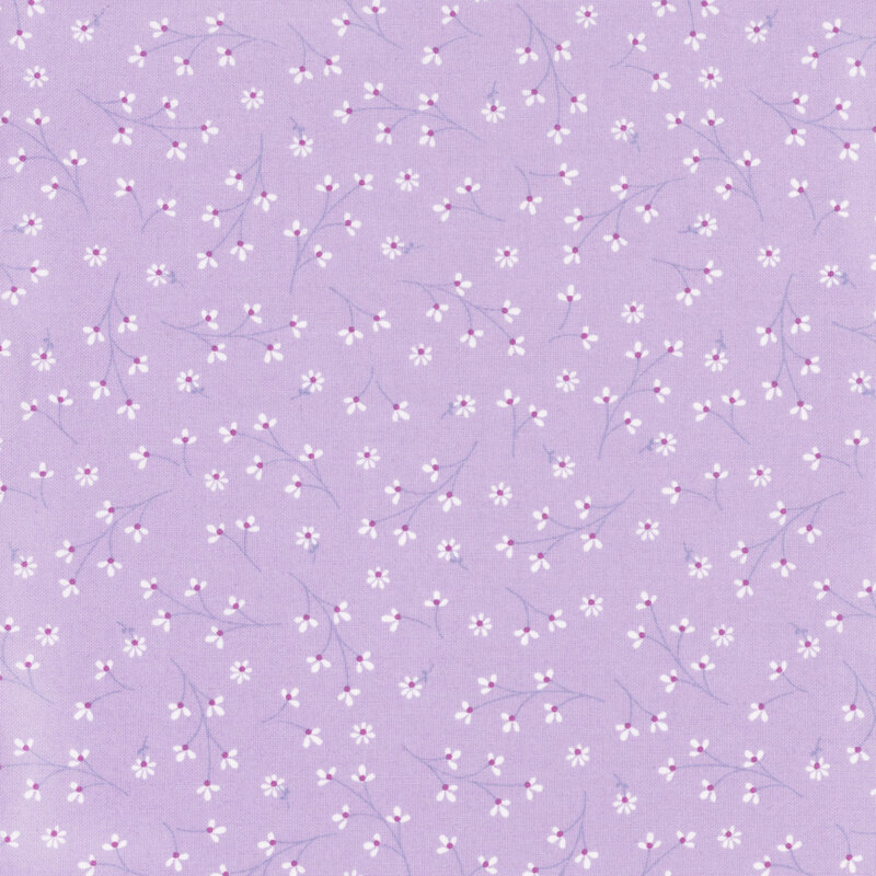 light violet fabric featuring a ditsy pattern of long stemmed white flowers