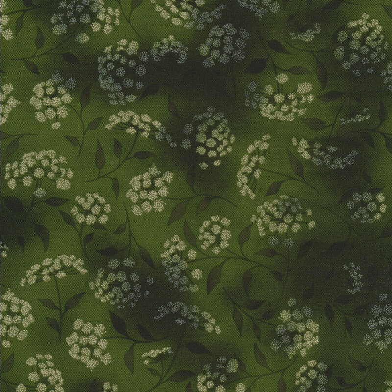 mottled army green fabric featuring leaves, vines and florals 