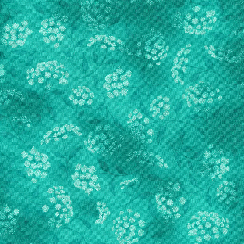 mottled teal fabric featuring leaves, vines and florals 