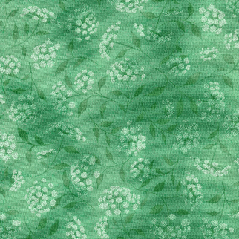 mottled light teal fabric featuring leaves, vines and florals 