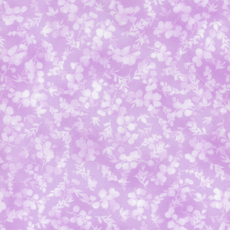 mottled, tonal lavender fabric featuring leaves and vines