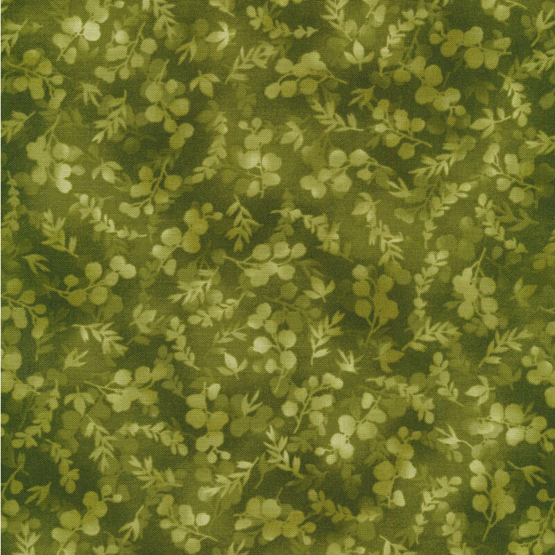 mottled, tonal green fabric featuring leaves and vines