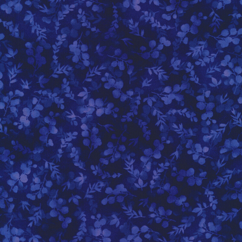 mottled, tonal dark blue fabric featuring leaves and vines