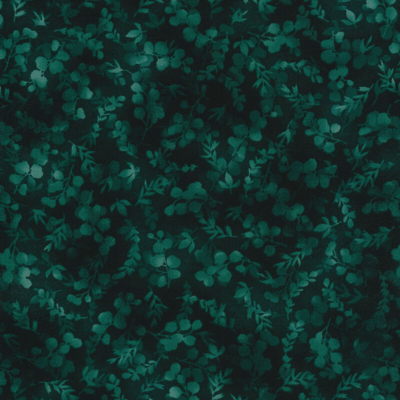 mottled, tonal dark teal fabric featuring leaves and vines