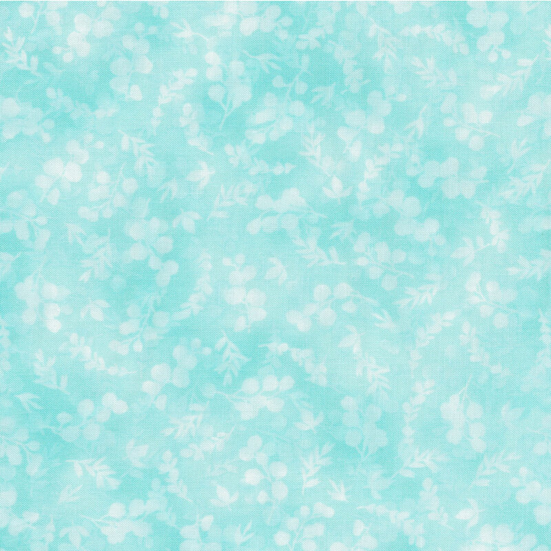 mottled, tonal sky blue fabric featuring leaves and vines