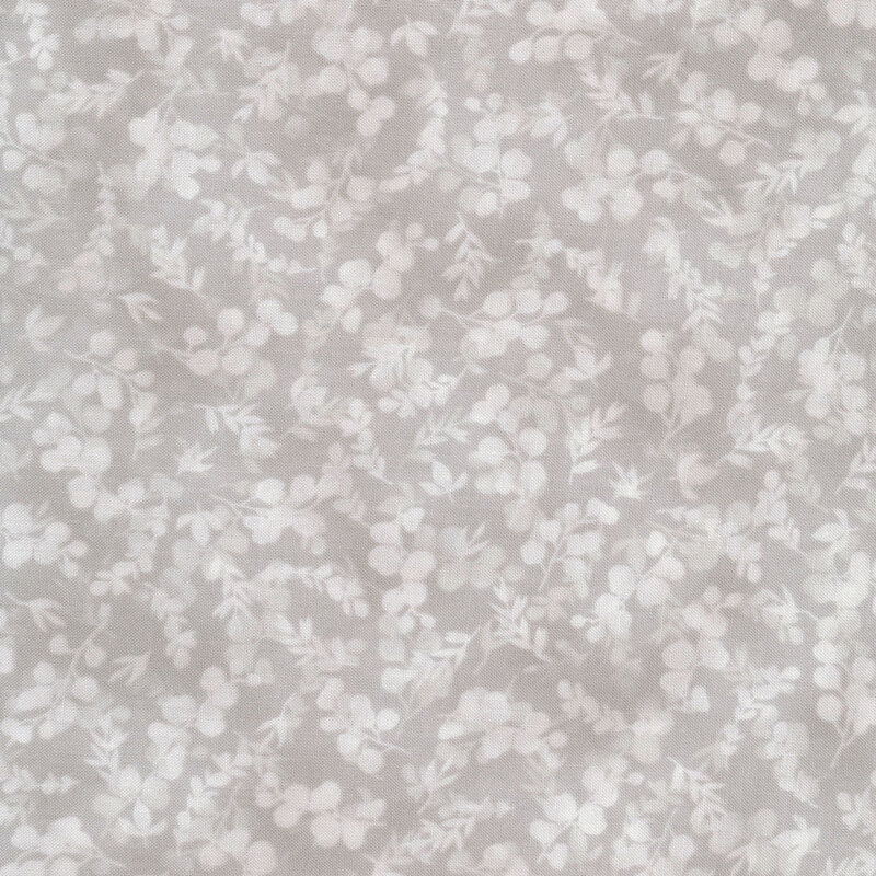 mottled, tonal light gray fabric featuring leaves and vines