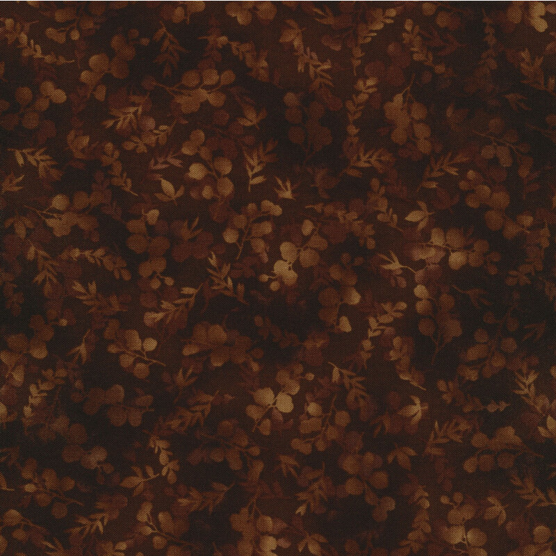 mottled, tonal brown fabric featuring leaves and vines