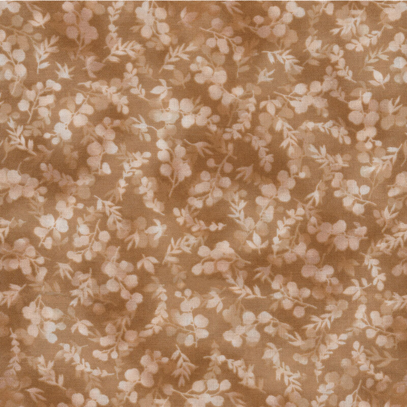 mottled, tonal light brown fabric featuring leaves and vines