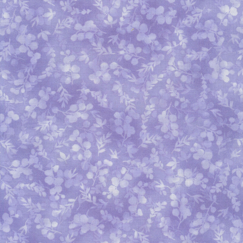mottled, tonal light purple fabric featuring leaves and vines