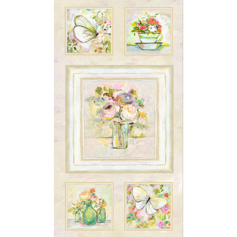 Image of Blush collection panel featuring painted flowers and butterflies in neutral colors.